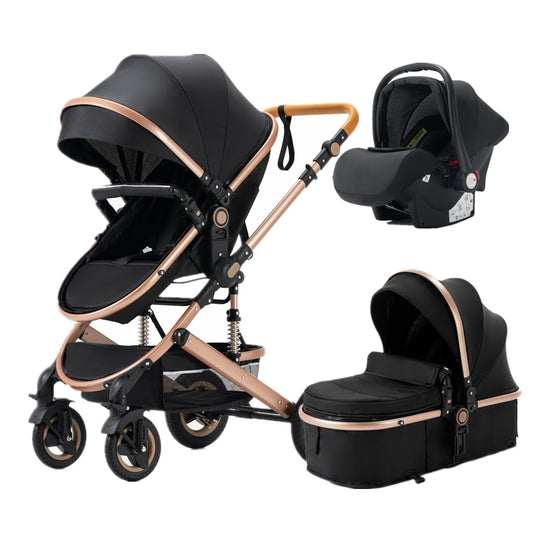 Cochecito de bebé de lujo 3 en 1, portátil de viaje con asiento de coche, marco de aluminio de paisaje alto e absorción de impactos de cuatro ruedas